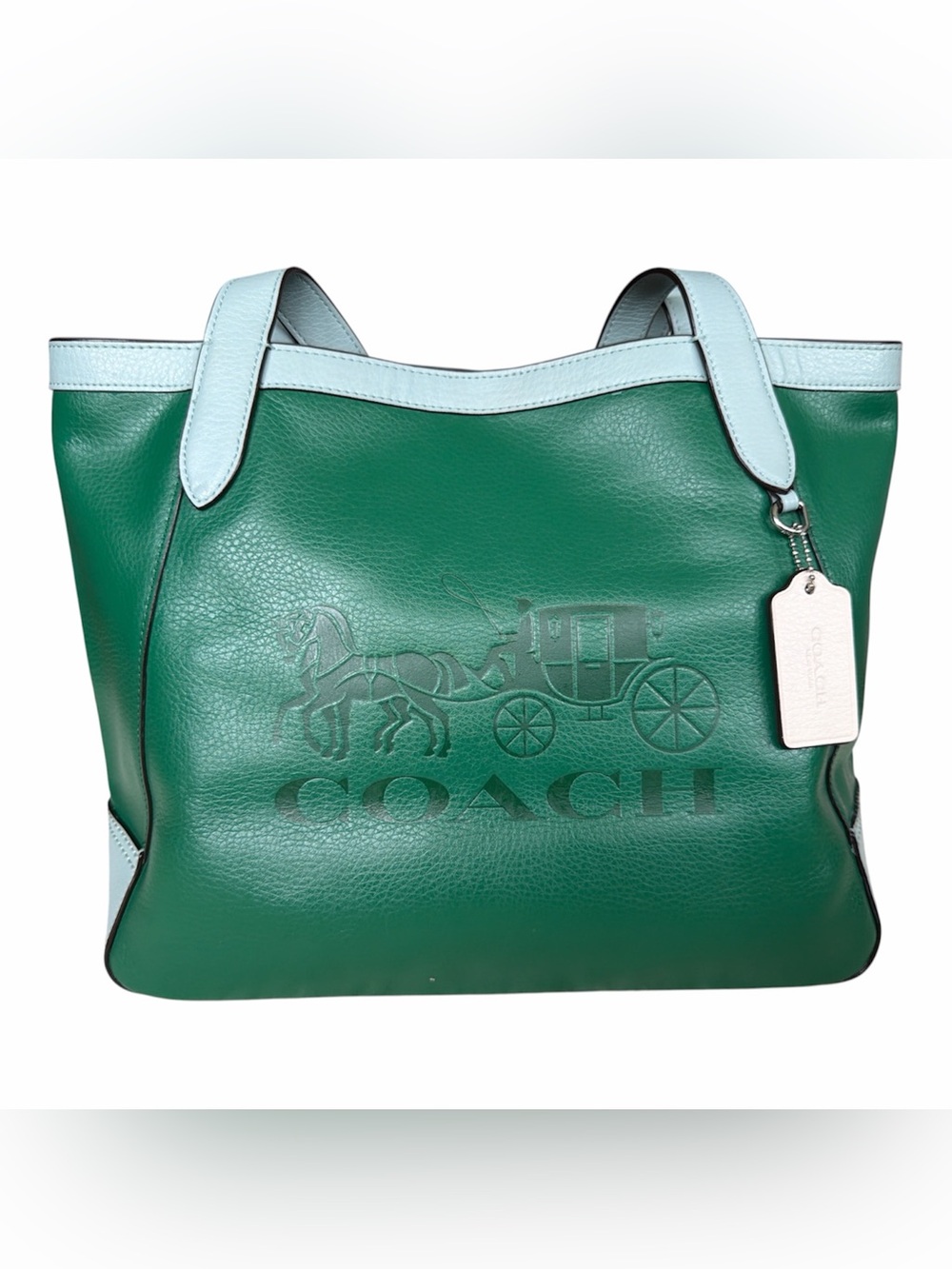 COACH Green Leather Tote with Light Blue Trim